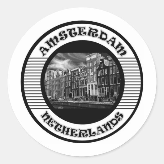 AMSTERDAM BLACK AND WHITE RONDE STICKER (Voorkant)