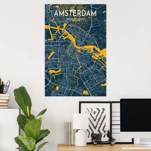Amsterdam Blue Map Poster, Amsterdam City Blue Map Poster (Thuiskantoor)