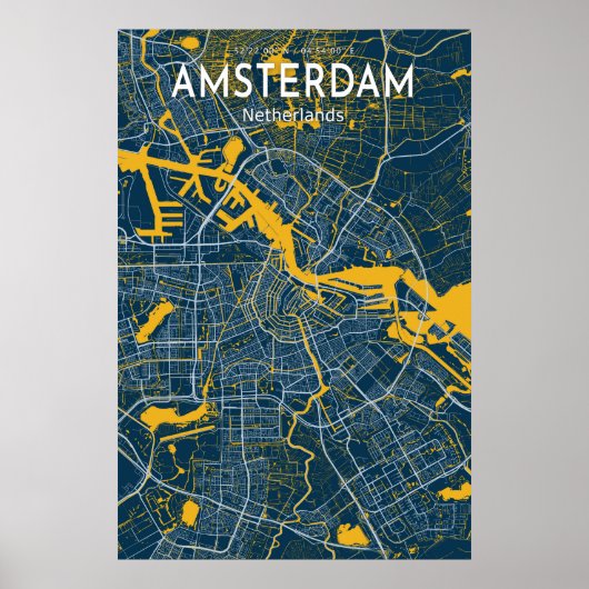 Amsterdam Blue Map Poster, Amsterdam City Blue Map Poster (Voorkant)
