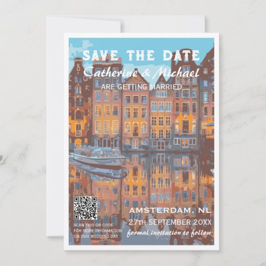 Amsterdam Bruiloft Reizen Poster Stijl QR Code Save The Date (Voorkant)