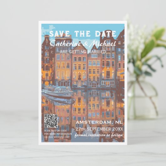 Amsterdam Bruiloft Reizen Poster Stijl QR Code Save The Date (Staand voorkant)