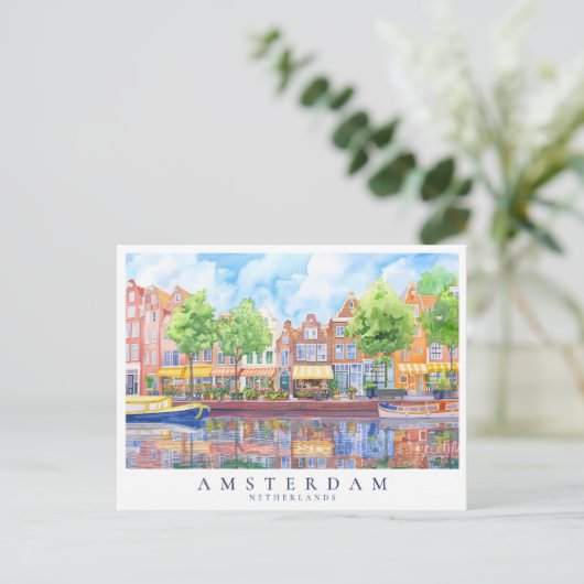 Amsterdam Canal & Boats Waterverf Travel Briefkaart (Staand voorkant)