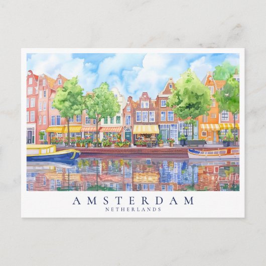 Amsterdam Canal & Boats Waterverf Travel Briefkaart (Voorkant)