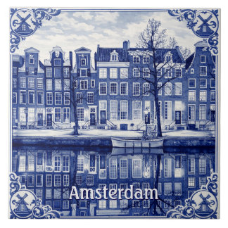 Amsterdam canal Delft Blue style Ceramic Tile Tegeltje