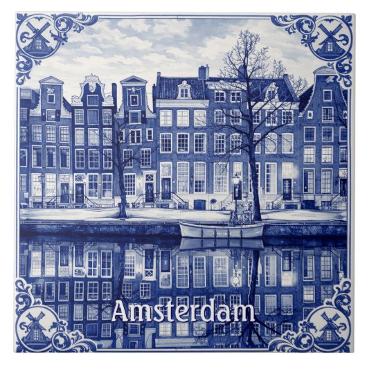 Amsterdam canal Delft Blue style Ceramic Tile Tegeltje (Voorkant)
