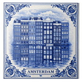 Amsterdam canal houses Delft Blue style tile Tegeltje