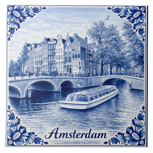 Amsterdam canal houses Delft Blue style tile Tegeltje (Voorkant)