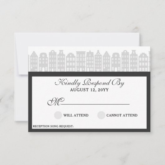 Amsterdam Canal Houses Dutch Wedding Silver RSVP Kaartje (Voorkant)