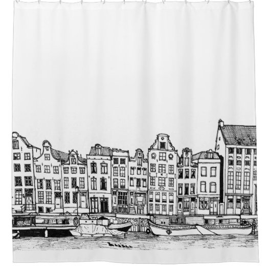 Amsterdam Canal Netherlands Cityscape Illustratie Douchegordijn (Voorkant)