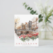 Amsterdam Canal Red Tulips Waterverf Reizen Briefkaart (Staand voorkant)