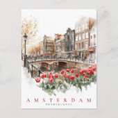 Amsterdam Canal Red Tulips Waterverf Reizen Briefkaart (Voorkant)