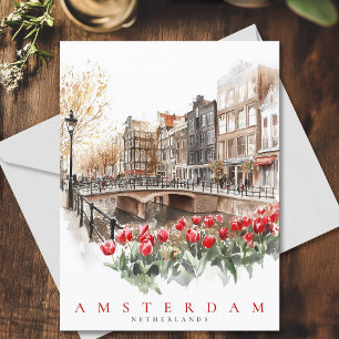 Amsterdam Canal Red Tulips Waterverf Reizen Briefkaart
