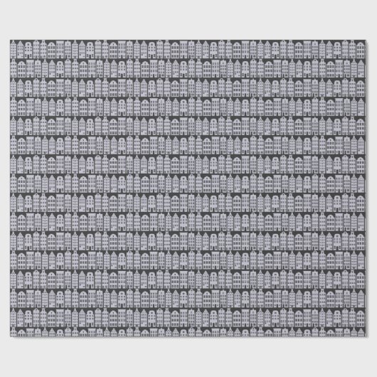 Amsterdam Canal Row Houses Charcoal Silver Pattern Cadeaupapier (Vlak)