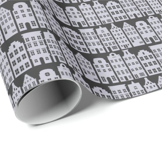 Amsterdam Canal Row Houses Charcoal Silver Pattern Cadeaupapier (Rol Hoek)