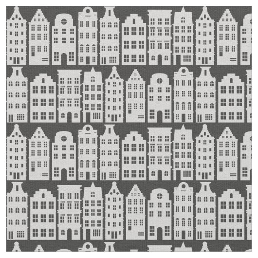 Amsterdam Canal Row Houses Charcoal Silver Pattern Stof (Close Up)