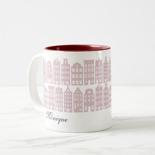 Amsterdam Canal Row Huizen Gepersonaliseerd Maroon Tweekleurige Koffiemok (Voorkant links)