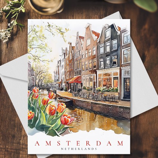 Amsterdam Canal Spring Time Waterverf Travel Briefkaart