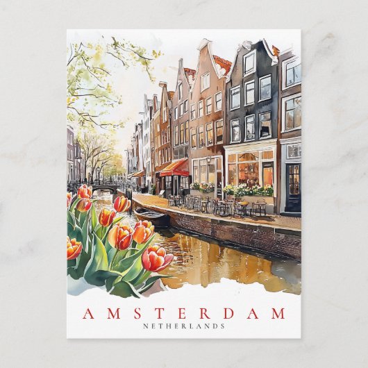 Amsterdam Canal Spring Time Waterverf Travel Briefkaart (Voorkant)