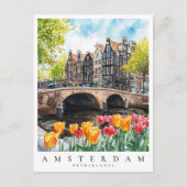 Amsterdam Canal Tulips in de lente Waterverf Reize Briefkaart (Voorkant)