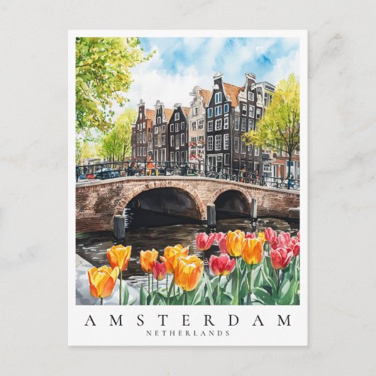 Amsterdam Canal Tulips in de lente Waterverf Reize Briefkaart (Voorkant)