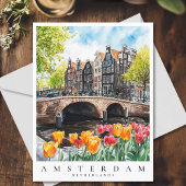 Amsterdam Canal Tulips in de lente Waterverf Reize Briefkaart