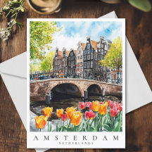 Amsterdam Canal Tulips in de lente Waterverf Reize