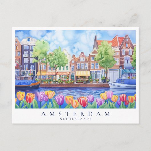 Amsterdam Canal & Tulips Waterverf Reizen Briefkaart (Voorkant)