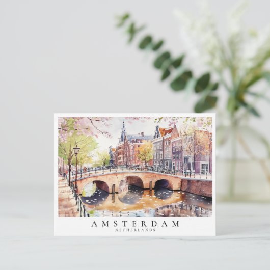 Amsterdam Canal Waterverf Nederland Reizen Briefkaart (Staand voorkant)