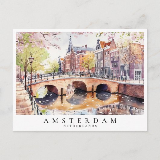 Amsterdam Canal Waterverf Nederland Reizen Briefkaart (Voorkant)