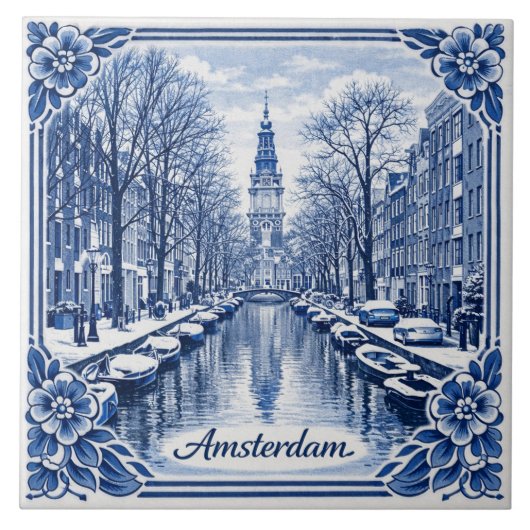 Amsterdam canal winter Delft Blue style tile Tegeltje (Voorkant)