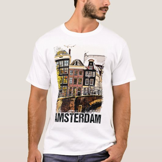 Amsterdam City Streets Vintage Travel Art T-shirt (Voorkant)