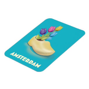 Amsterdam Cloggs en Tulips reisposter. Magneet