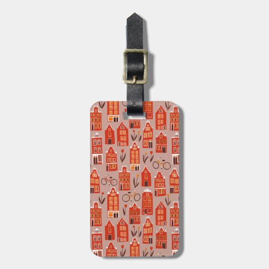 Amsterdam Dutch Houses Tulips Bikes Pattern Red Bagagelabel (Voorkant verticaal)