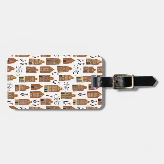 Amsterdam Dutch Houses Tulips Bikes Pattern White Bagagelabel (Voorkant horizontaal)