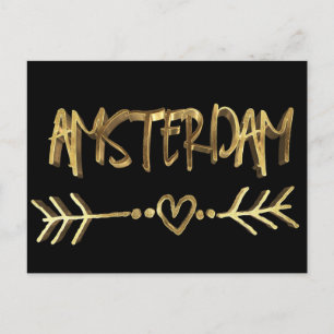 Amsterdam Dutch Love Elegant Black Gold Typografie Briefkaart