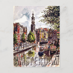 Amsterdam, gebouwen en stadshaven. Vintage Briefkaart
