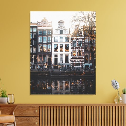 Amsterdam Gebouwen op het Kanaal, Stretched Canvas Afdruk (Insitu (Woonkamer))