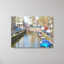 Amsterdam gracht met boten canvas afdruk