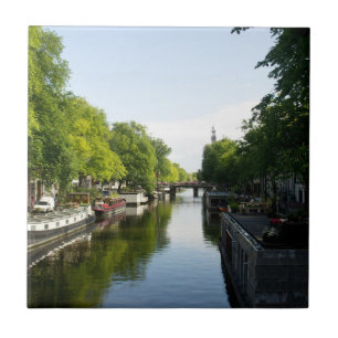 Amsterdam gracht met woonschepen Nederland Tegeltje