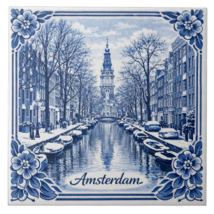 Amsterdam gracht winter Delfts Blauw tegel Tegeltje