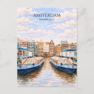Amsterdam Grachtenboten Aquarel Scène Feestdagenkaart