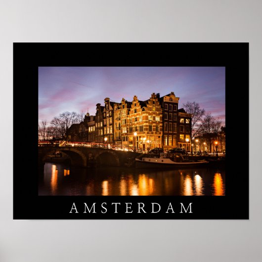 Amsterdam grachtenhuizen bij schemering zwarte pos poster (Voorkant)