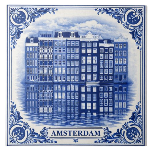 Amsterdam grachtenhuizen Delft Blue stijl tegel Tegeltje (Voorkant)