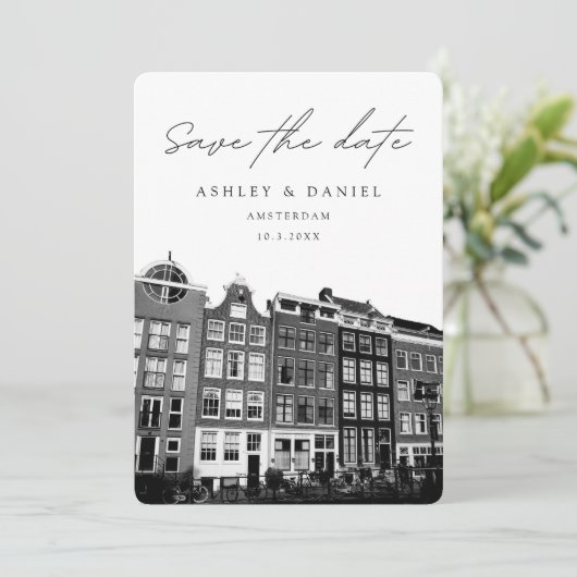 Amsterdam Grachtenhuizen Foto Save the Date Kaart (Staand voorkant)