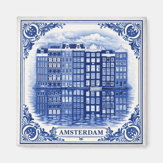 Amsterdam grachtenhuizen magneet in Delfts Blauw s (Voorkant)