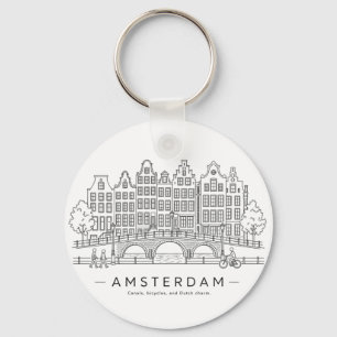 Amsterdam Grachtenhuizen Reisillustratie Sleutelhanger