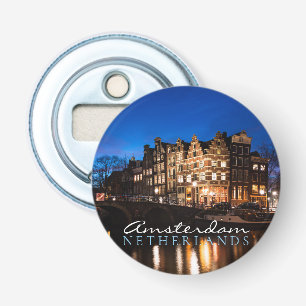 Amsterdam grachtenhuizen 's nachts button flesopener