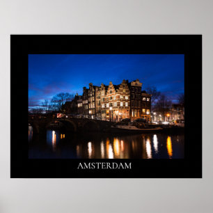 Amsterdam grachtenhuizen 's nachts poster