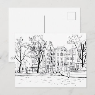 Amsterdam Grachtenhuizen Zwart en Wit Schets Briefkaart