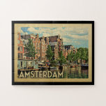 Amsterdam Holland Vintage Travel Legpuzzel<br><div class="desc">Het Amsterdam Holland-ontwerp in Vintage Travel-stijl met een kalm Nederlands kanaal.</div>